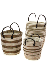 Set/3 Black Mixed Stripe Baskets with Leather Handles