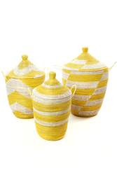 Set of Three Yellow and White Mixed Pattern Hampers